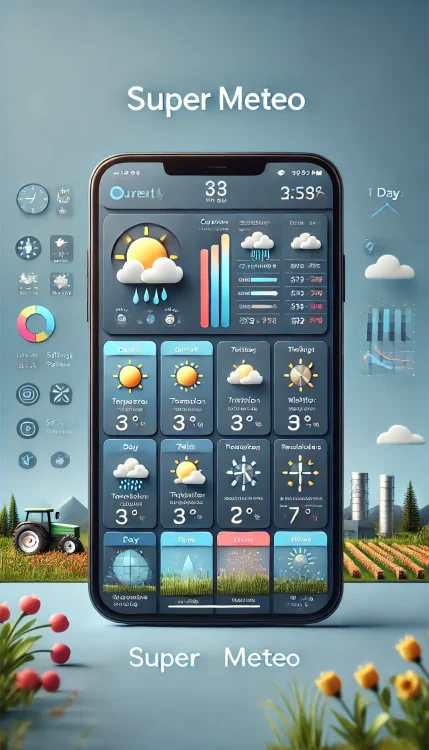DALL·E 2024-07-15 23.42.38 - A realistic and user-friendly design for a 'Super Meteo' weather application, designed specifically for agriculture. It features clearly distinguished.webp